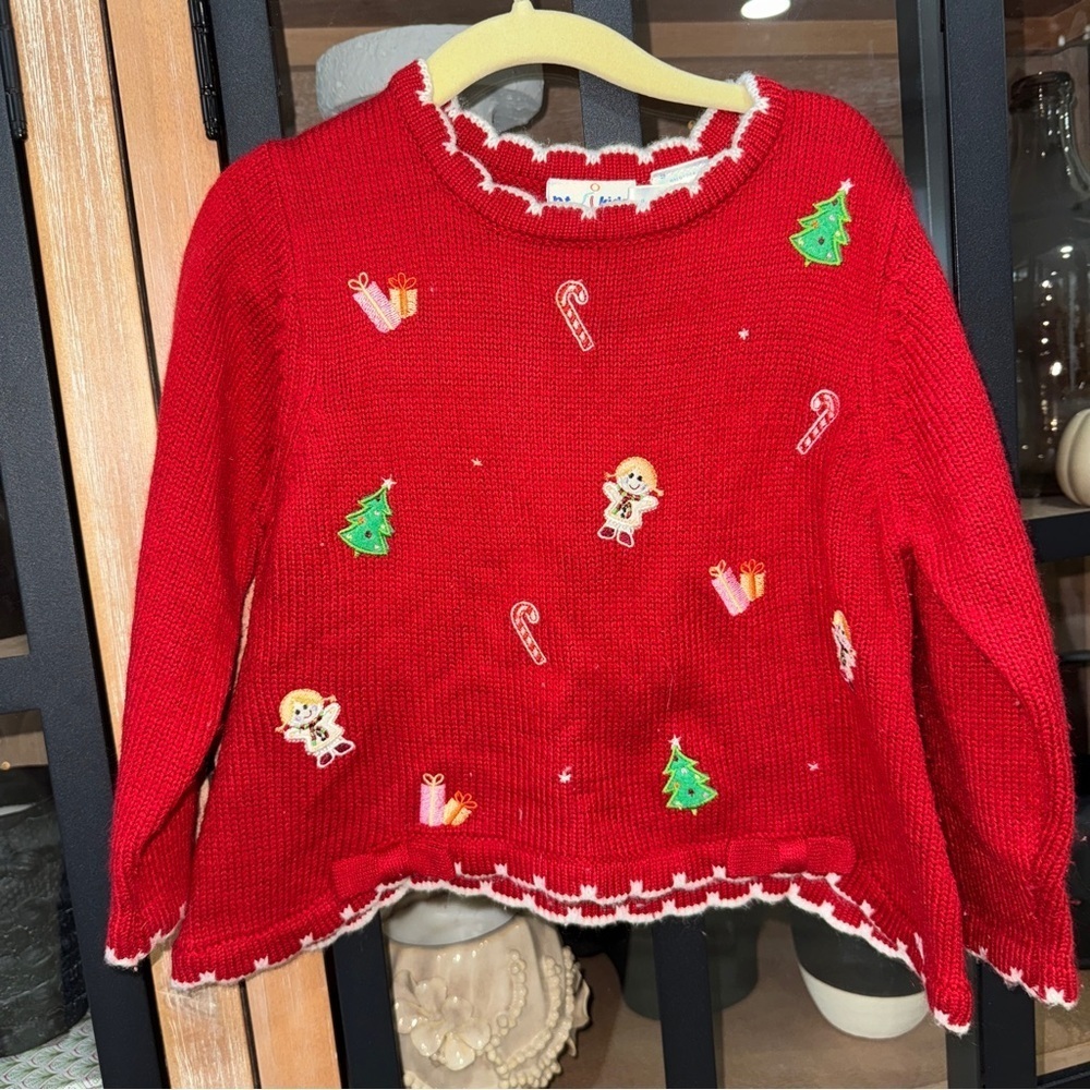 Vintage Christmas knit sweater embroidered toddler girl holidays bows candy cane